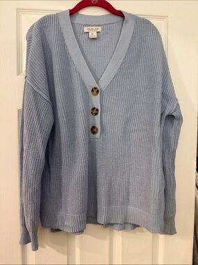 Rachel Zoe Pale Blue V-Neck Button Knit Sweater